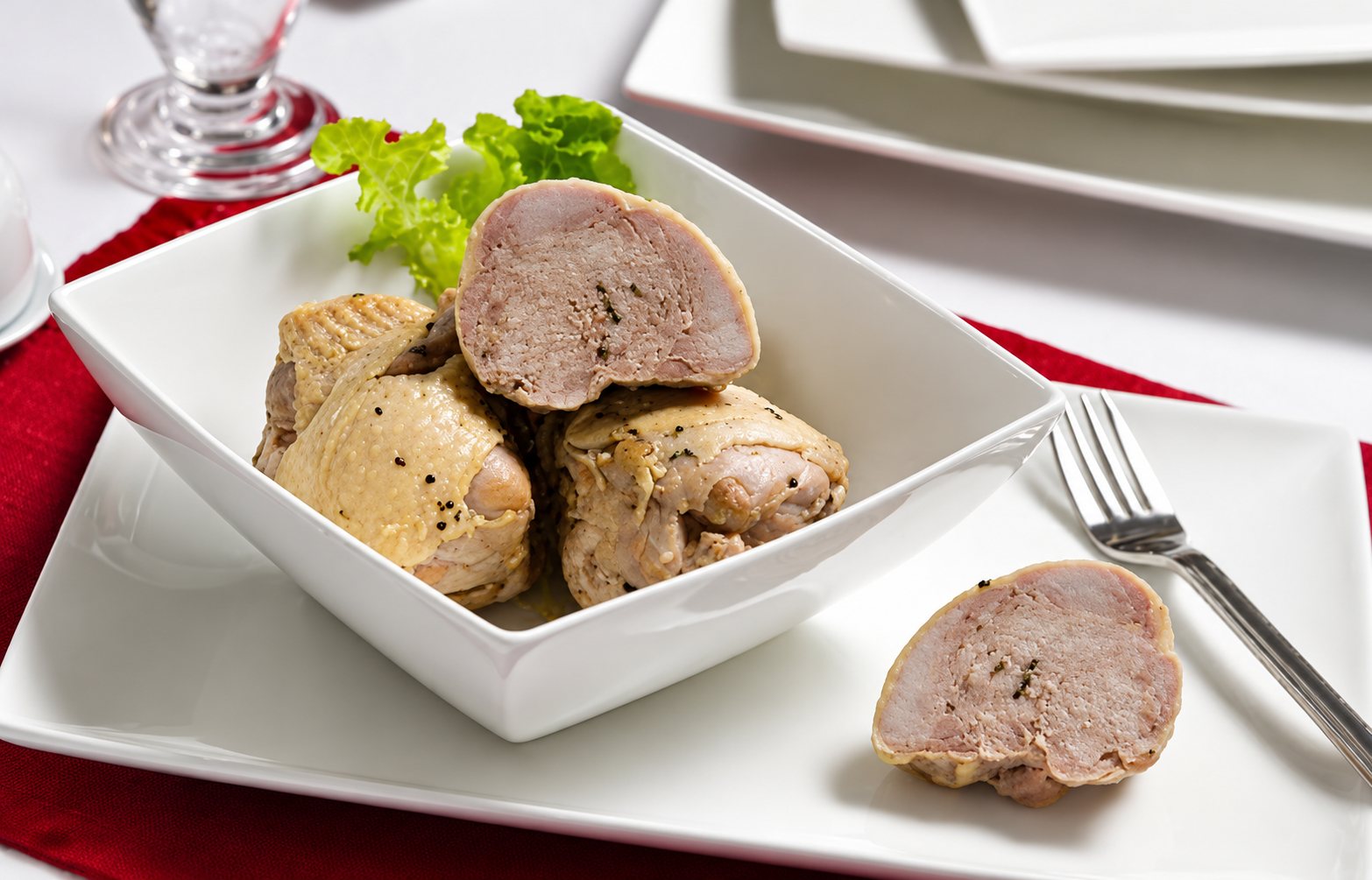 Des morceaux d'andouillette cuits, dont un coupé en deux, sont présentés dans un bol blanc carré posé sur une assiette, avec une fourchette sur une table dressée.
