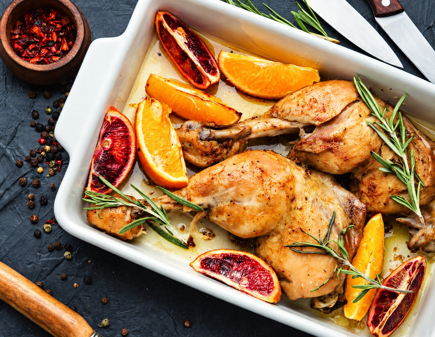 Un plat blanc contient des cuisses de poulet rôties avec des quartiers d'orange, d'orange sanguine et du romarin, posé sur une table sombre avec des épices et des couteaux.
