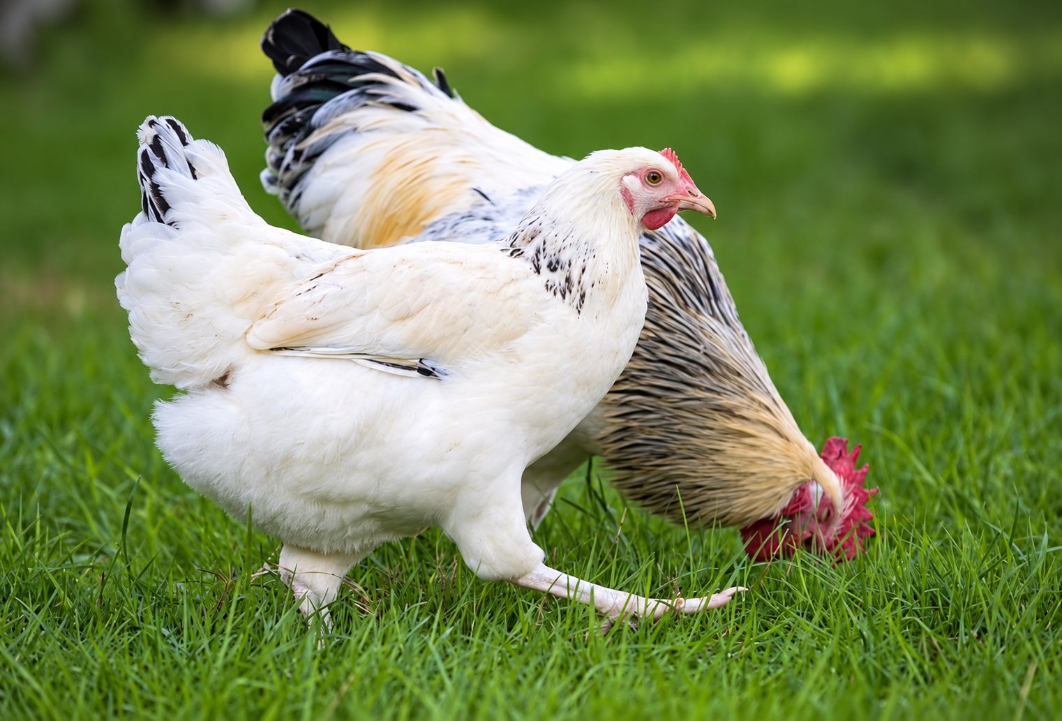 Deux poules au plumage blanc, noir et beige se promènent et picorent sur une pelouse verte.