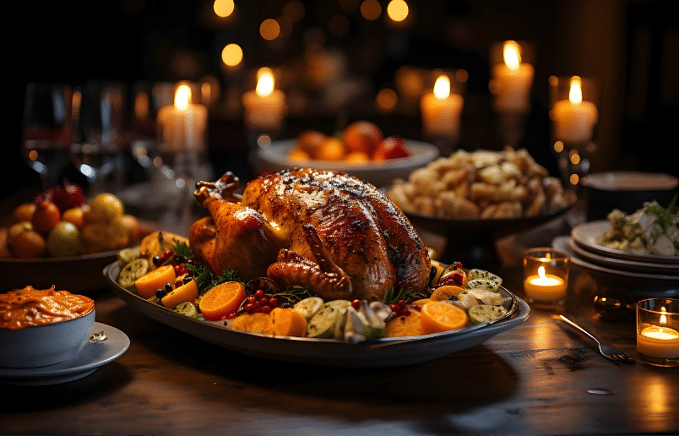Une dinde rôtie garnie d'oranges, de baies et de légumes trône sur une table de fête éclairée par des bougies.