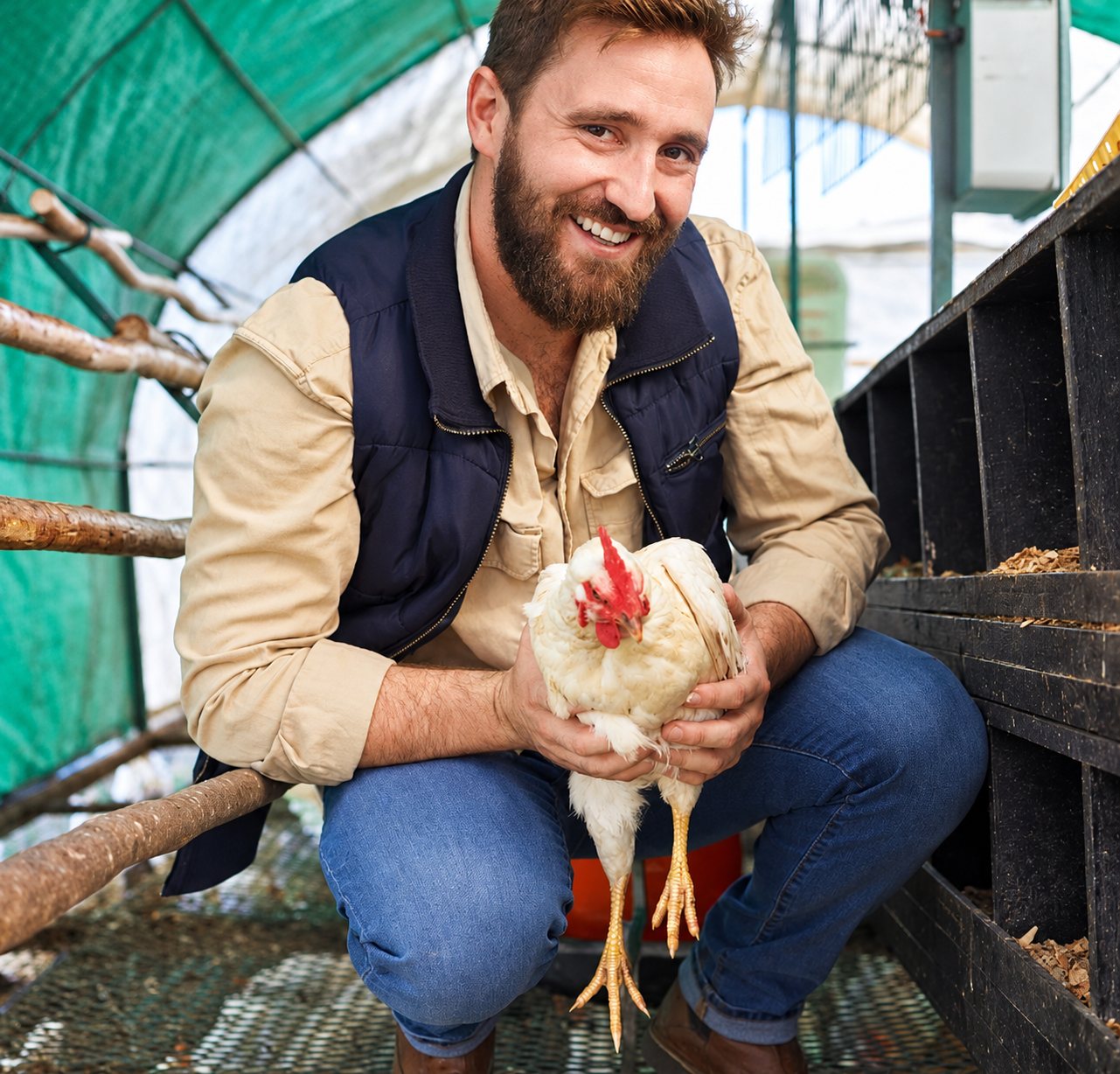 Un homme barbu souriant, accroupi dans un poulailler sous tunnel vert, tient une poule blanche dans ses mains.