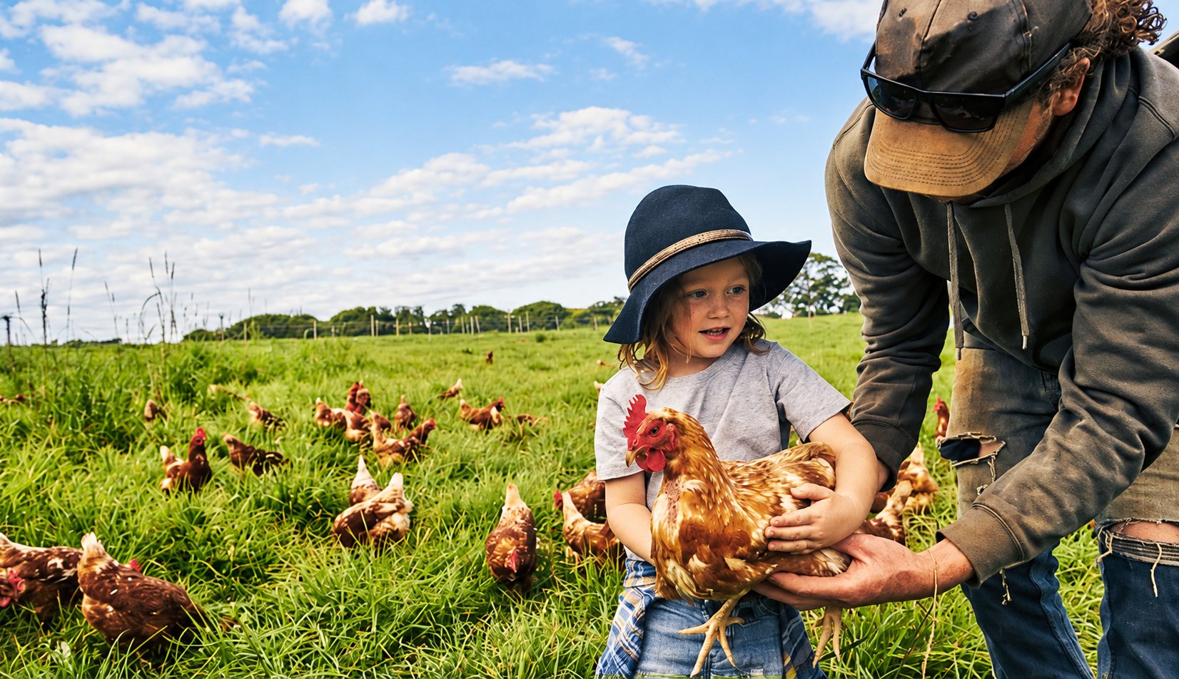 Un enfant coiffé d'un chapeau noir tient une poule brune aidé par un adulte, au milieu d'un pré herbeux où picorent d'autres poules.