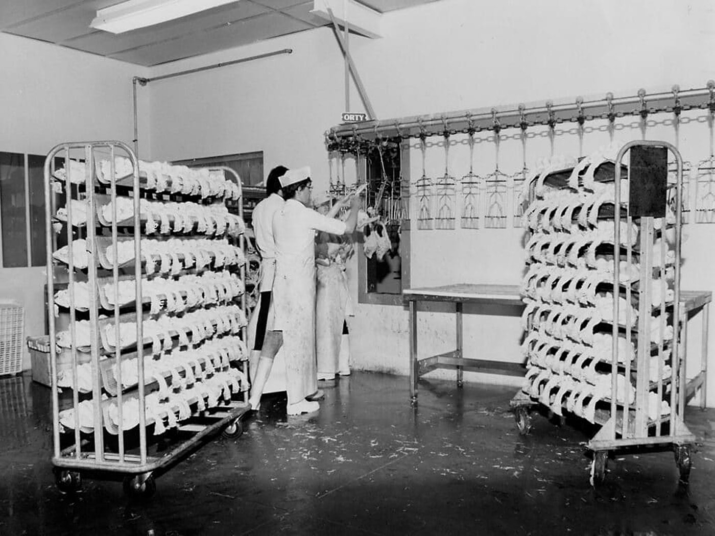 Photographie en noir et blanc de deux ouvriers en tablier travaillant près d'une chaîne d'abattage de volailles et de chariots métalliques chargés de carcasses.