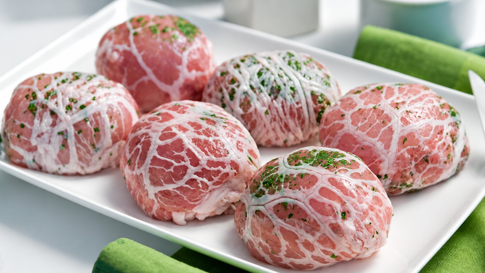 Six paupiettes de viande crue enveloppées de crépine et parsemées de persil, posées sur un plat rectangulaire blanc avec des serviettes vertes autour.