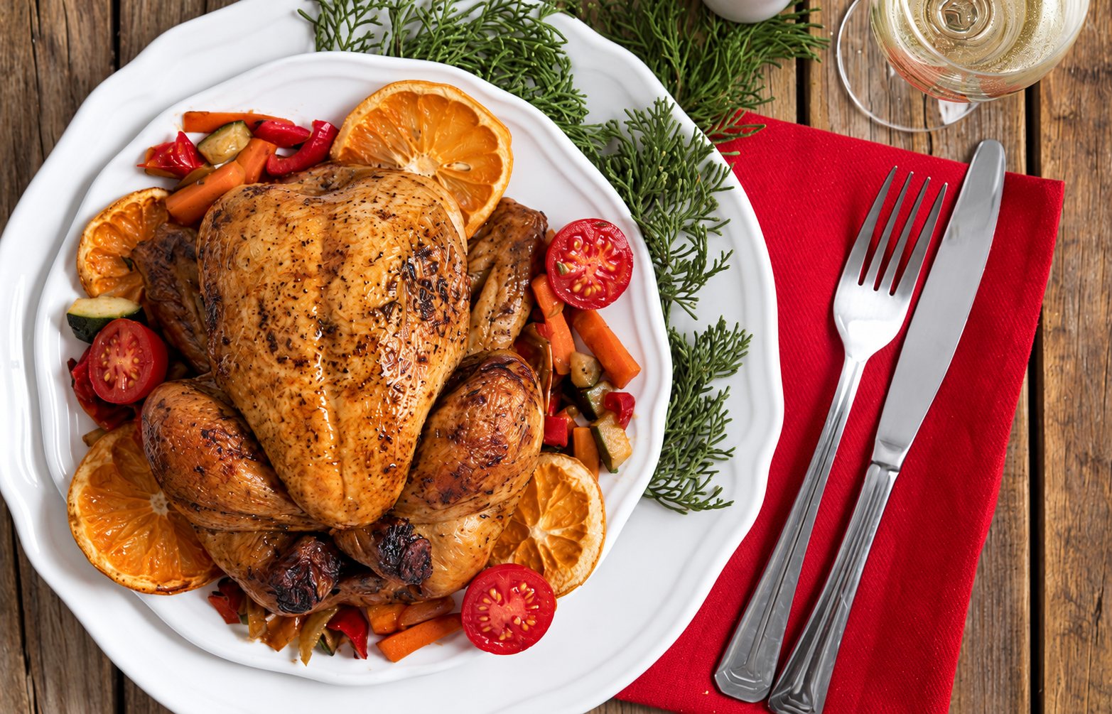Vue de dessus d'un poulet rôti entier servi sur une assiette blanche avec des tranches d'orange, des carottes et des tomates cerises, à côté d'une serviette rouge et de couverts.