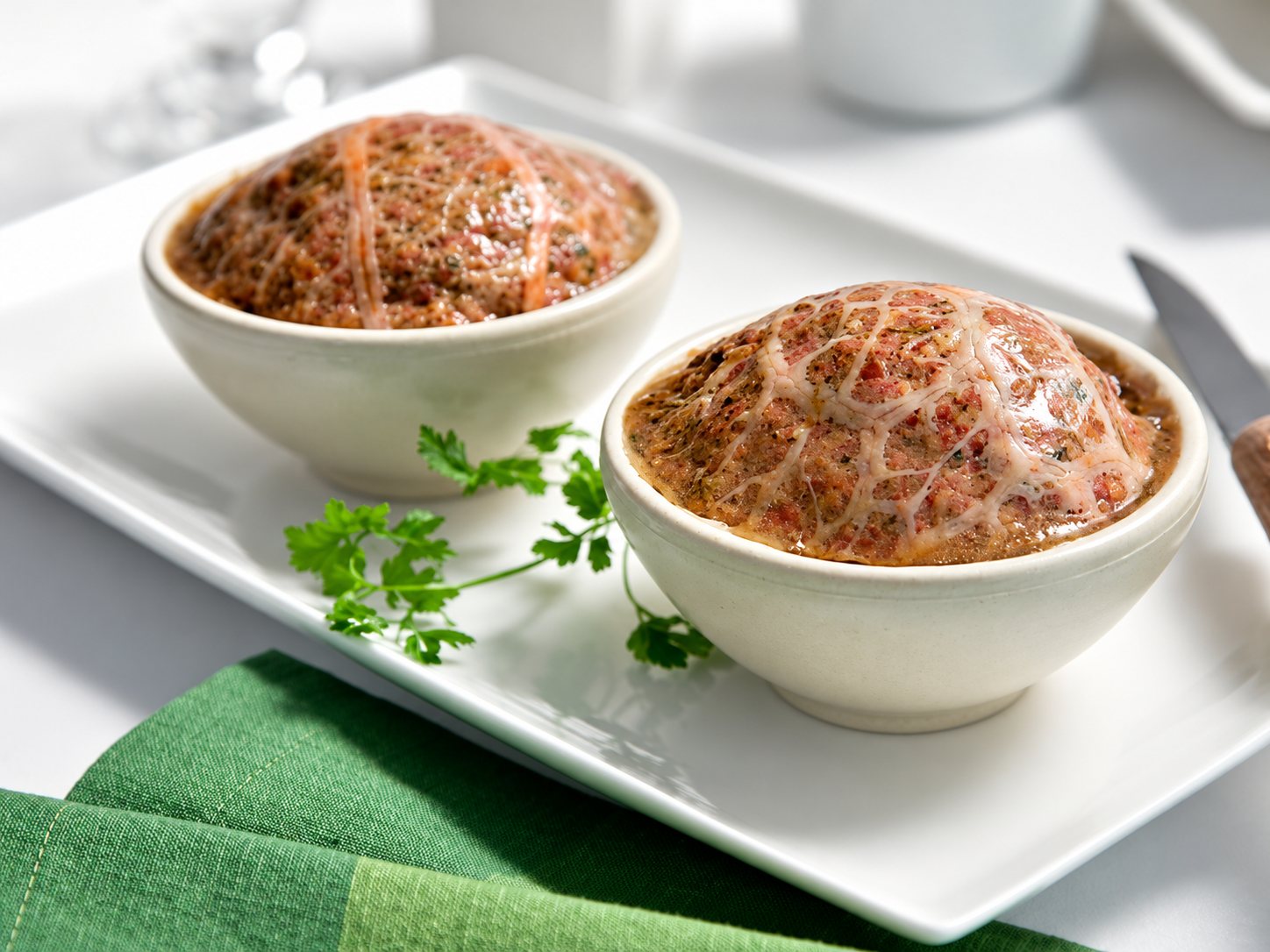 Deux petits bols en céramique crème contenant une préparation de viande recouverte de crépine, posés sur un plateau blanc avec une branche de persil et une serviette verte.