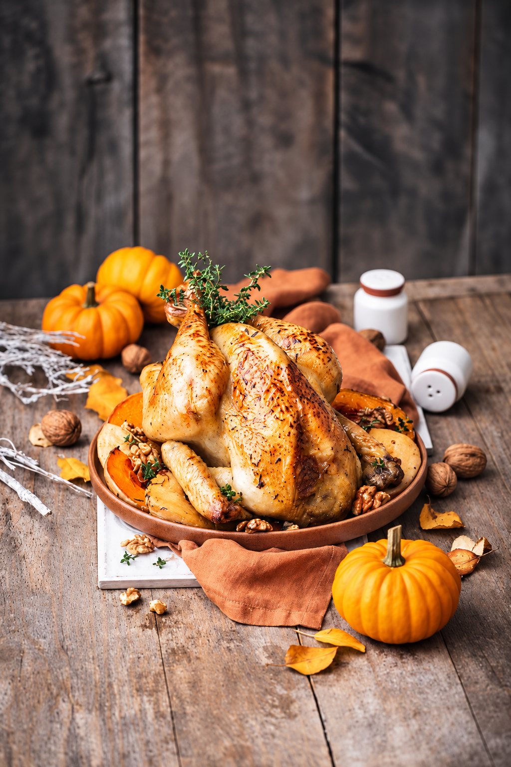 Une volaille rôtie dorée garnie de thym, entourée de morceaux de courge, de noix, de petites citrouilles et de feuilles d'automne sur une table en bois.