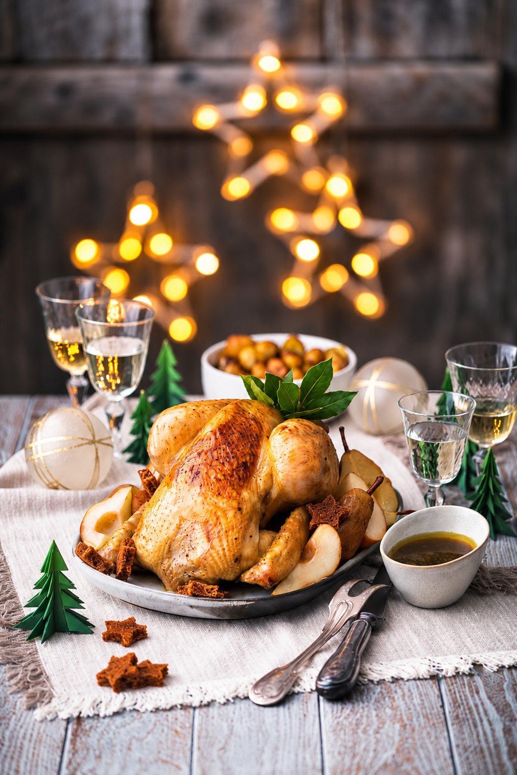 Une volaille rôtie dorée servie avec des poires et des biscuits en forme d'étoile sur une table de Noël décorée de guirlandes lumineuses et de petits sapins en papier.